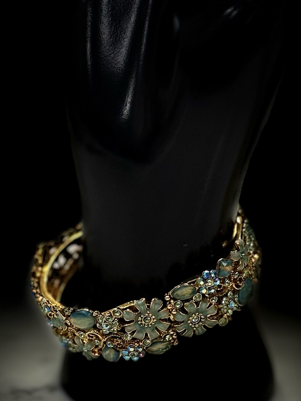 Gold-Tone Blue Floral Crystal Hinged Bangle Bracelet - Picture 6 of 6